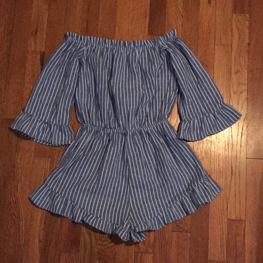 Blue and White Striped Off the Shoulder Romper